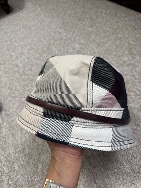 Burberry Beige Black White Plaid Bucket Hat with Brown Band (As Is)